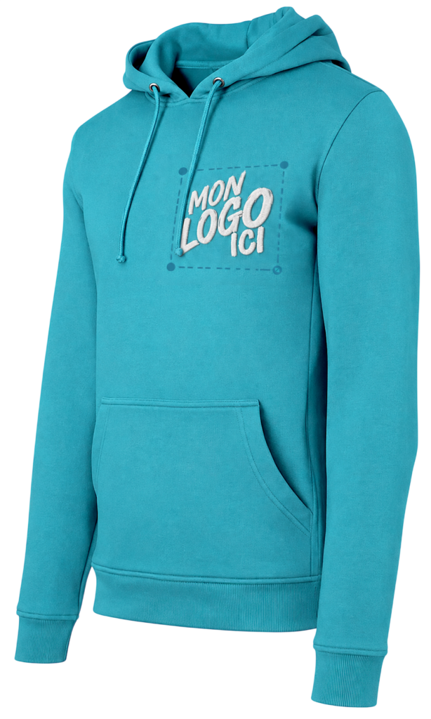 Sweat à capuche turquoise illustrant la possibilité de personnaliser le vêtement avec votre logo en broderie.