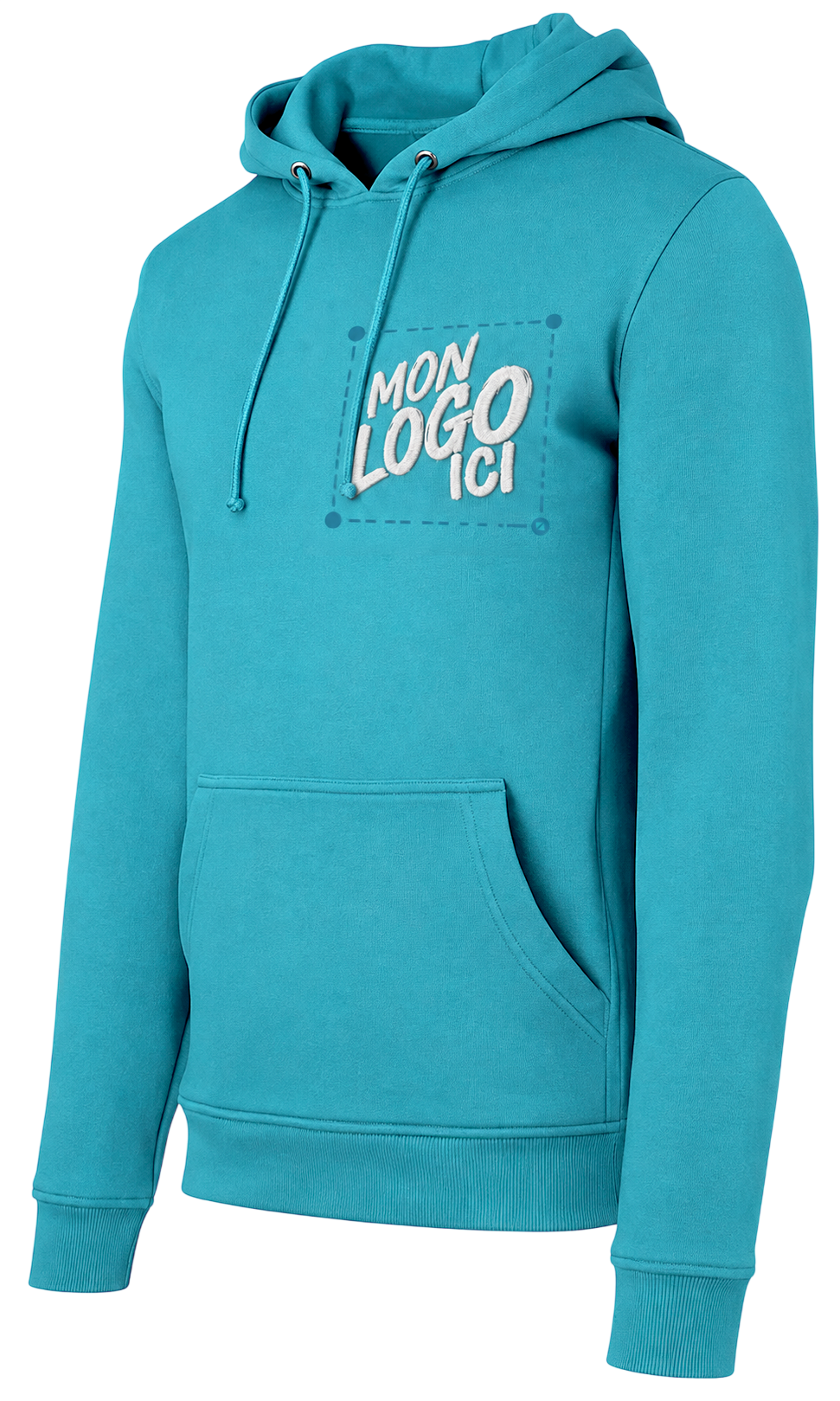 Sweat à capuche turquoise illustrant la possibilité de personnaliser le vêtement avec votre logo en broderie.