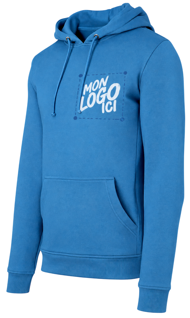 Sweat à capuche bleu illustrant la possibilité de personnaliser le vêtement avec votre logo en impression.