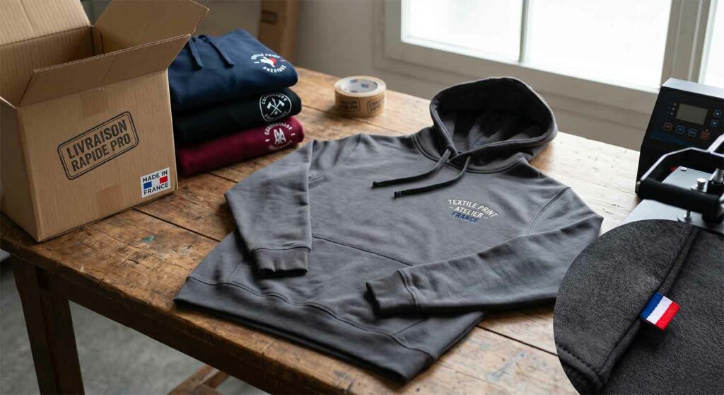 Sweat personnalisé gris présenté sur une table avec accessoires textiles et casquette assortie