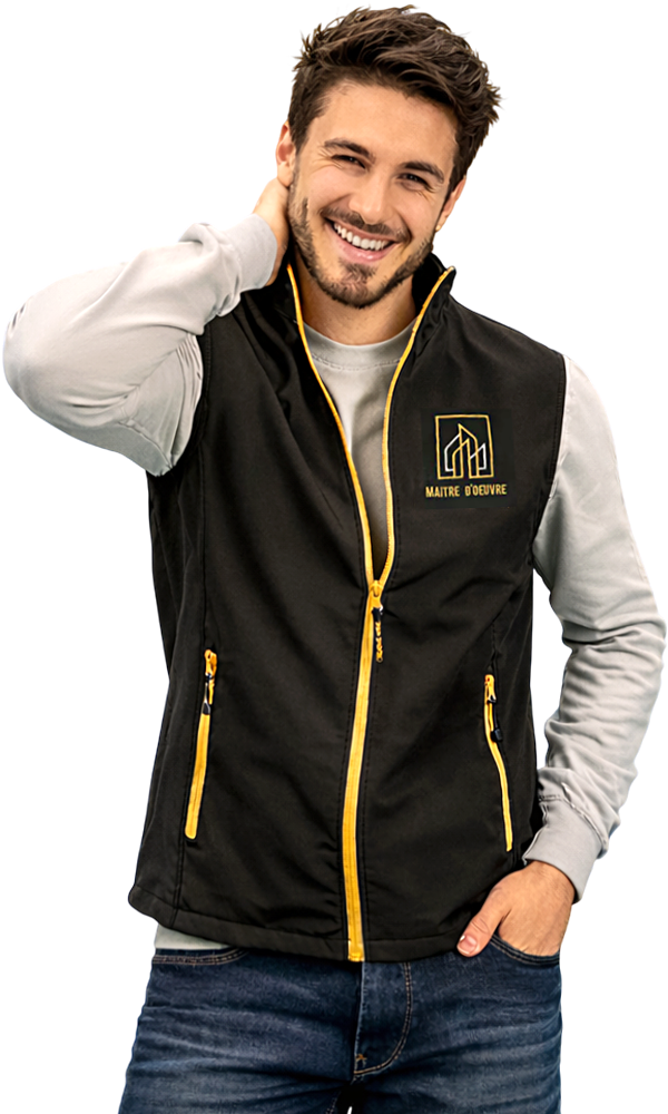 Bodywarmer softshell noir avec fermeture éclair jaune personnalisé avec un logo en broderie de couleur jaune et blanc
