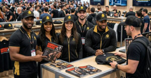 équipe de staff avec casquettes brodées lors d'un salon professionnel