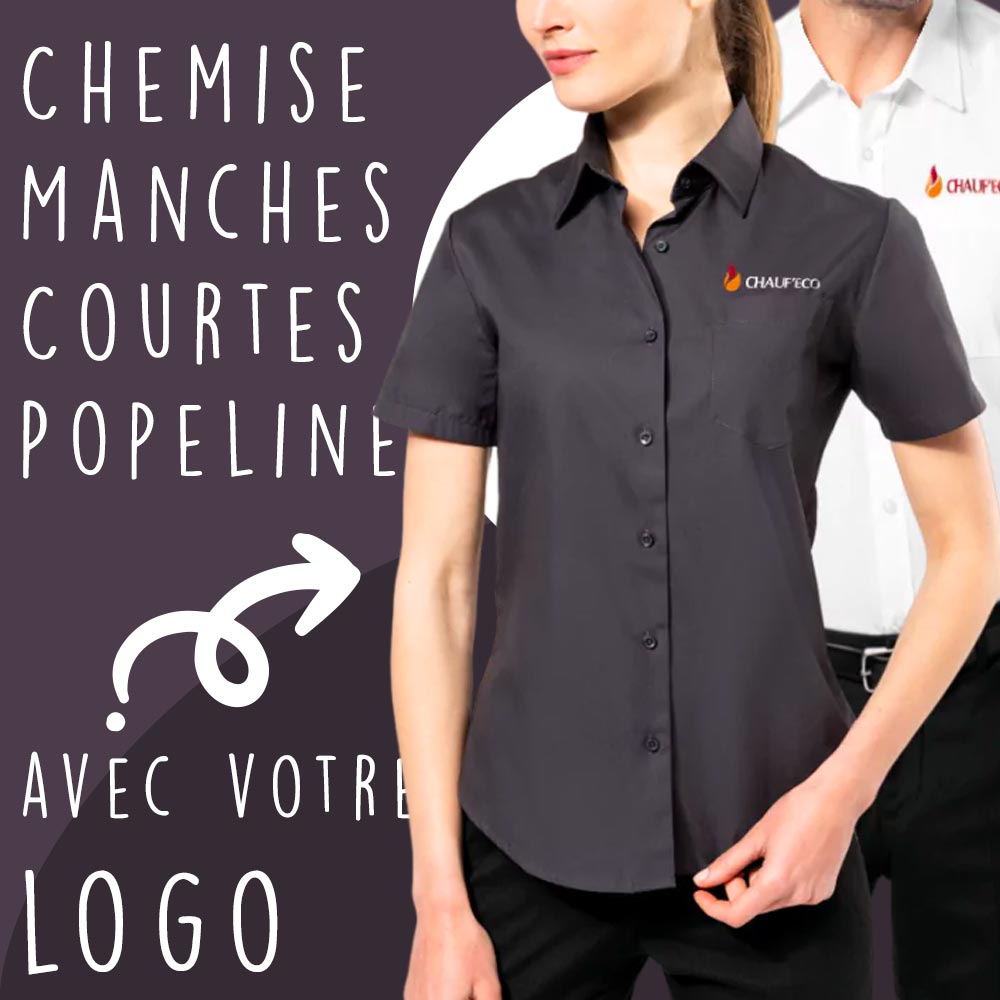 Chemise à manches courtes en popeline personnalisable pour homme, idéale pour un look professionnel ou événementiel avec ajout de logo.