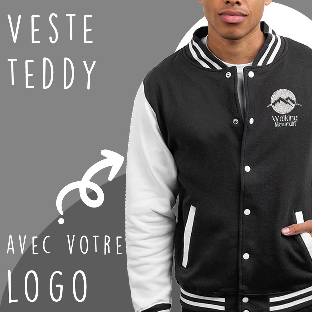 Veste Teddy personnalisable pour adultes et adolescents avec logo ou visuel, pour un style unique et moderne.