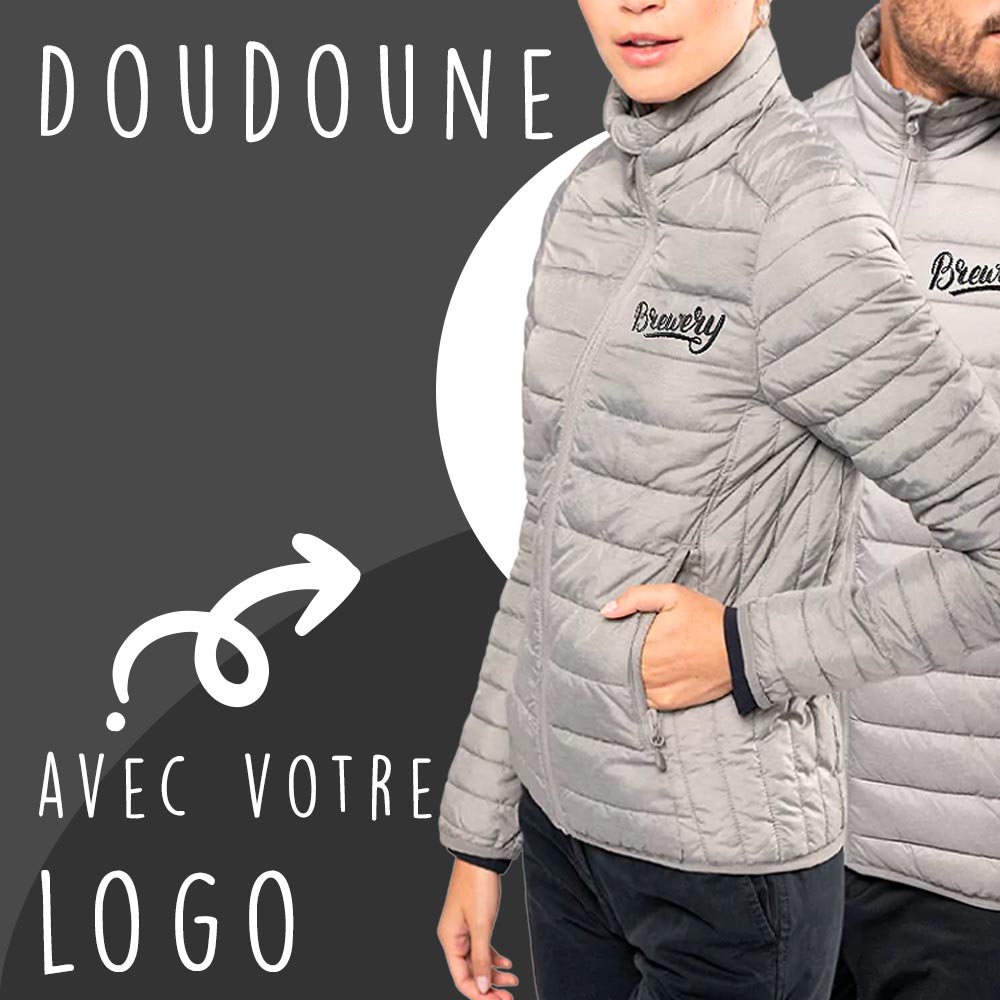 Doudoune personnalisable en gris, idéale pour les équipes, entreprises et clubs, avec logo ou design de votre choix.