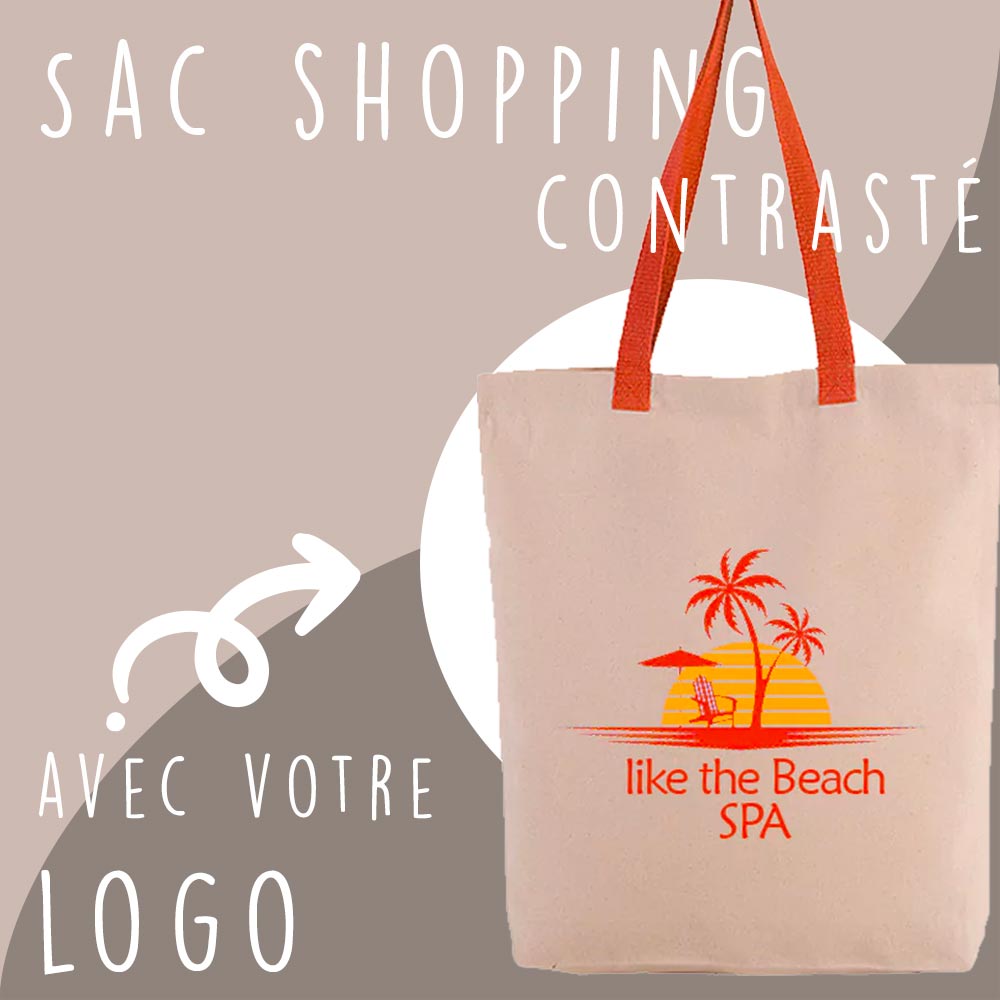 Sac shopping contrasté personnalisable avec logo, idéal pour vos événements ou boutiques.