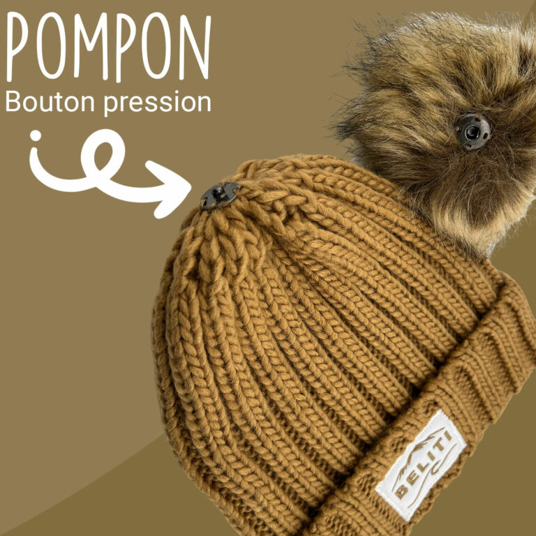 Bonnet tricot personnalisé avec pompon amovible bouton pression – textile hiver personnalisable