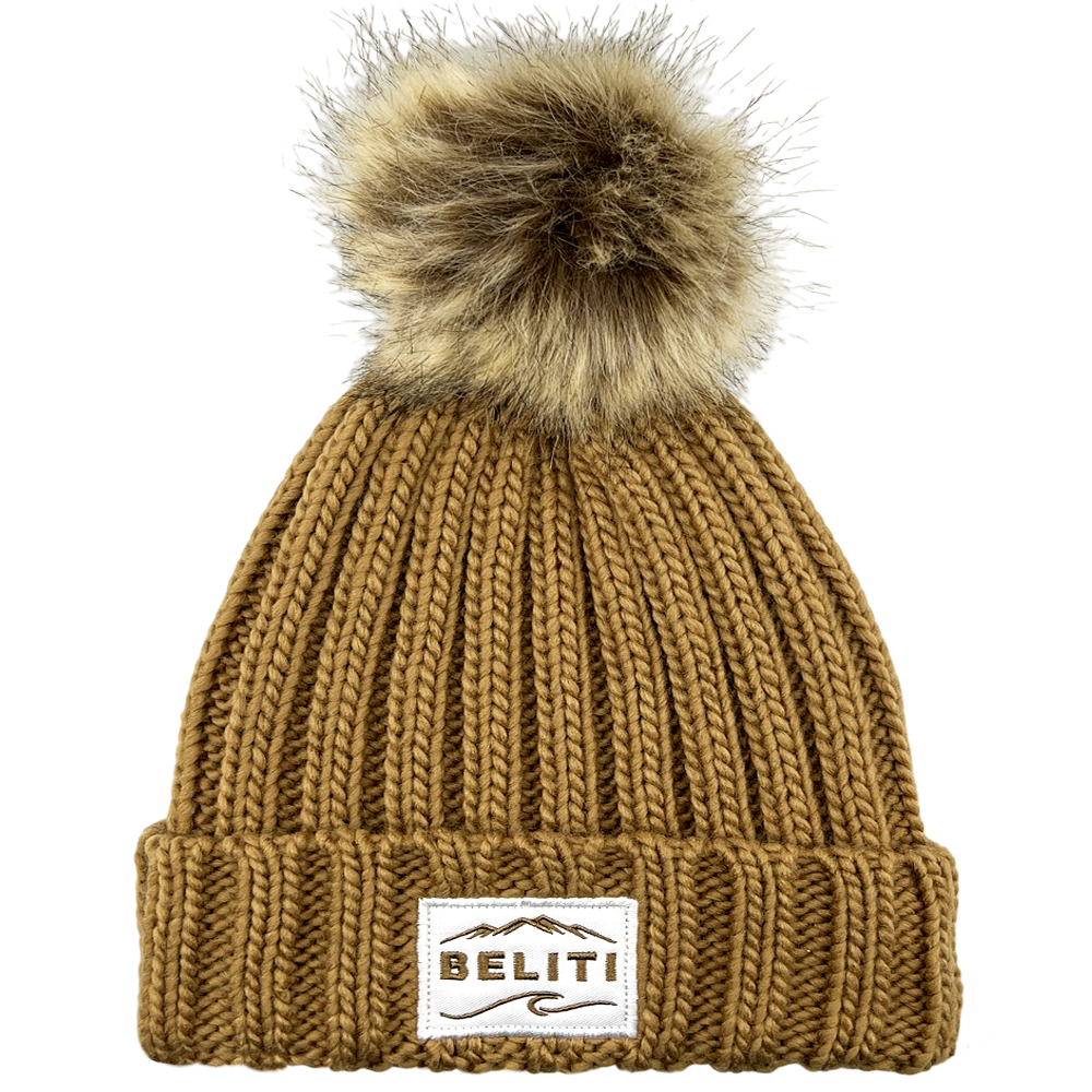 Bonnet pompon tricot marron personnalisable avec logo brodé ou écusson – Textile Print