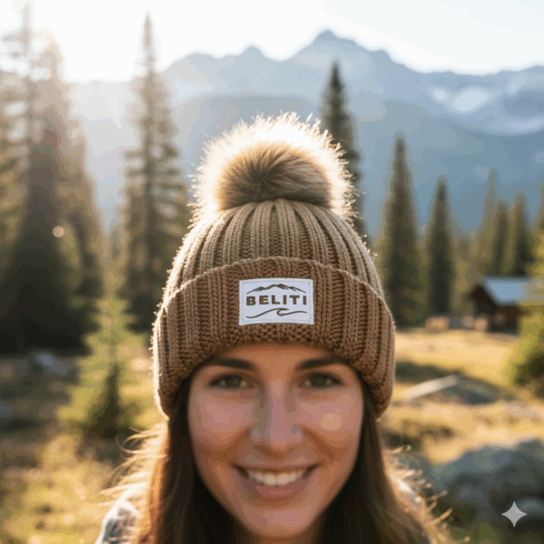 Femme portant un bonnet tricot BELITI personnalisé avec pompon amovible, logo textile brodé en extérieur montagne