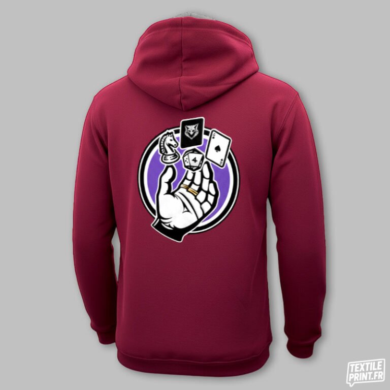 Sweat-shirt bicolore JH003 personnalisé en broderie avec grand logo au dos, finition résistante et professionnelle.