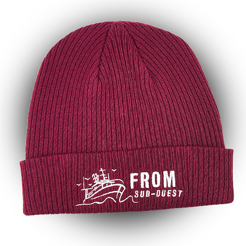 Bonnet à revers en coton bio bordeaux personnalisé avec broderie du logo FROM Sud-Ouest