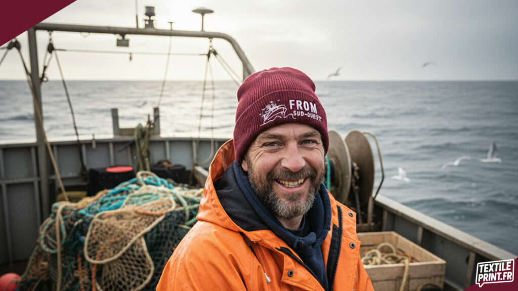 Bonnet à revers en coton bio personnalisé avec logo brodé du Fonds Régional d’Organisation du Marché du Poisson Sud-Ouest