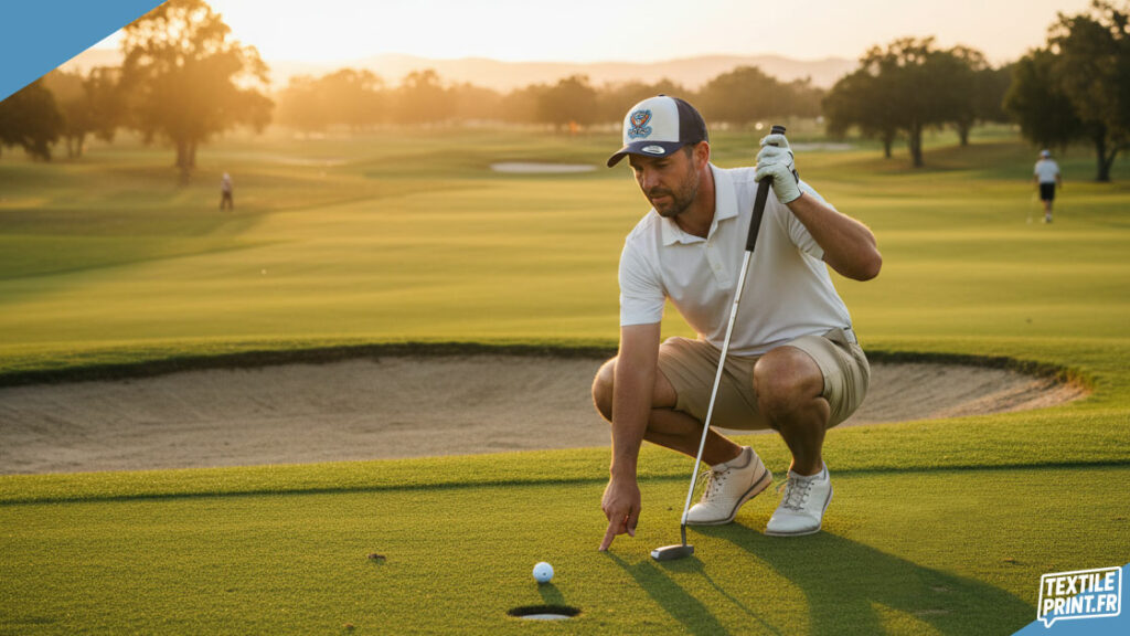 Golfeur portant la casquette personnalisée BDS Sauslice Golf avec écusson brodé sur le green au coucher du soleil
