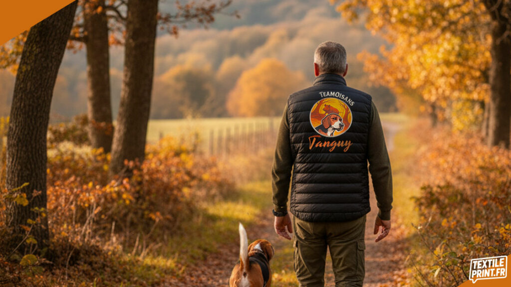 Homme portant une doudoune légère sans manches personnalisée en broderie avec le logo Team Oisans Copains Chasseurs – modèle K6113/K6114 par Textile-Print
