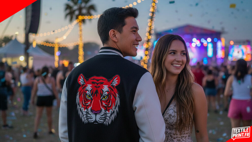 Veste teddy JH043 personnalisée avec broderie logo tigre Crazy Tiger portée lors d’un événement – Textile Print
