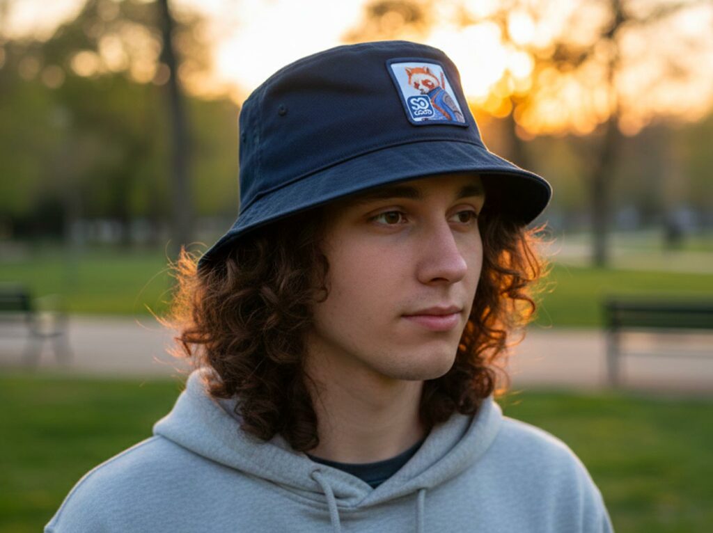 Jeune homme portant un bob bleu marine SO GOOD avec écusson illustré, dans un parc en fin de journée.