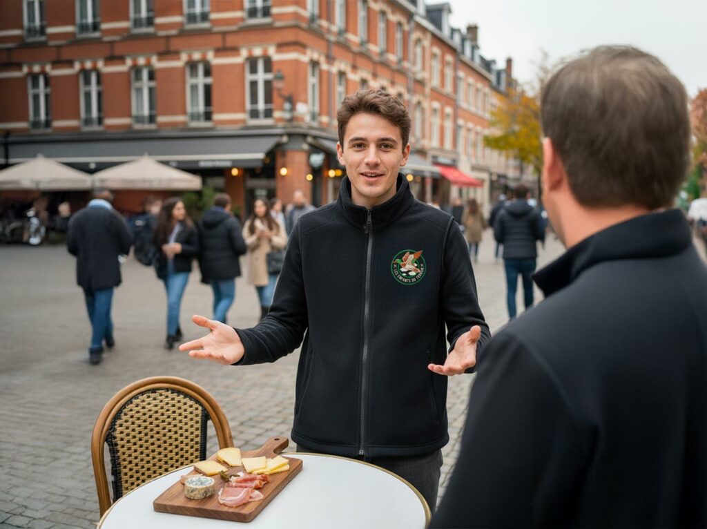 Bodywarmer polaire recyclé brodé Les Enfants du Terroir porté lors d’un événement étudiant à Lille.
