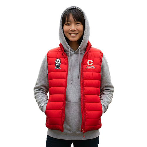 Personne portant une doudoune sans manches rouge brodée avec un panda et le logo Pôle BTS Alternance, par-dessus un sweat à capuche gris