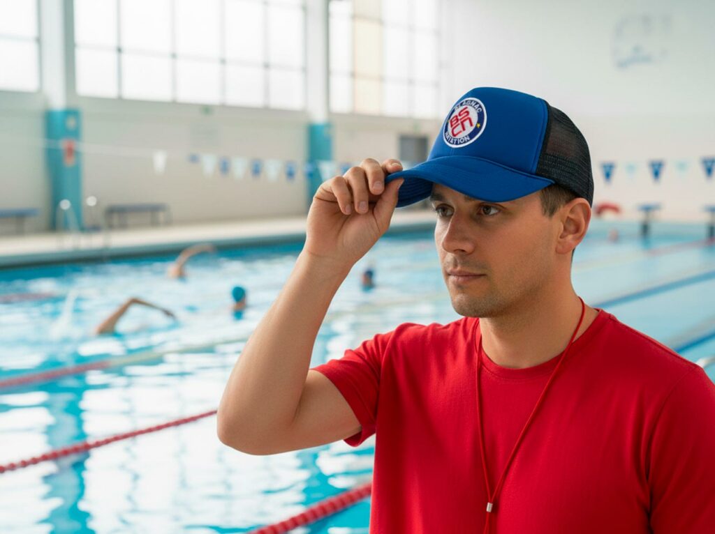 Casquette Blagnac Natation portée par un encadrant au bord d’une piscine, écusson brodé visible.