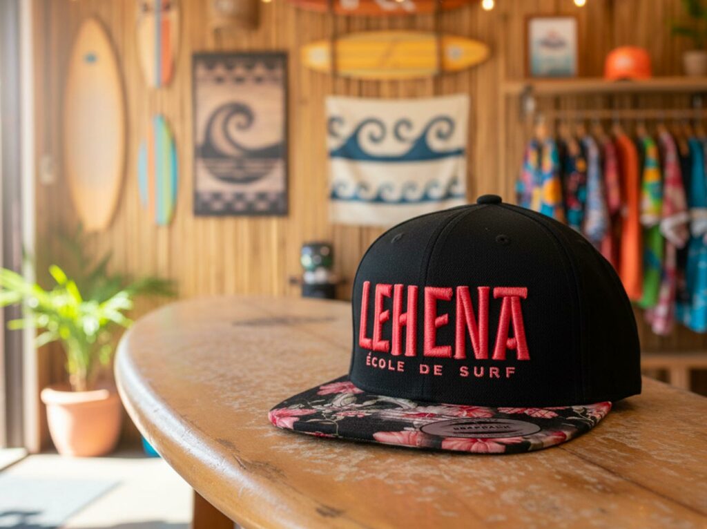 Casquette Snapback Yupoong personnalisée Lehena École de Surf Hendaye avec logo brodé en relief 3D