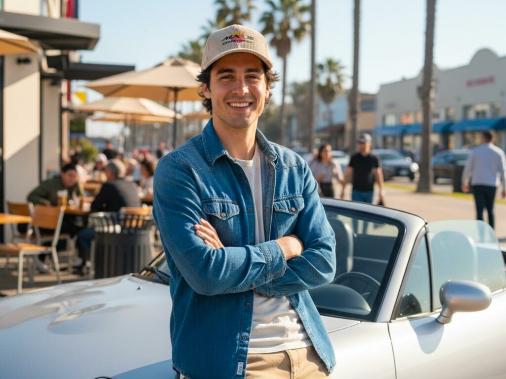 Homme souriant portant une casquette en velours beige brodée Sunny Drive, appuyé contre une voiture décapotable dans une rue ensoleillée avec des terrasses de café en arrière-plan
