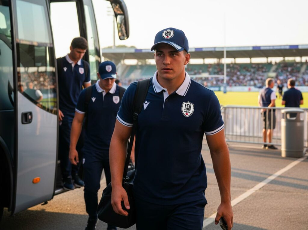 Joueur de rugby portant une casquette de club, arrivant au stade avant un match