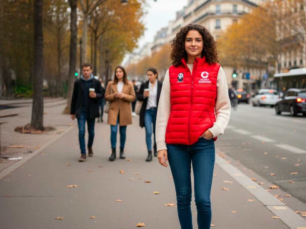 Femme marchant en ville en portant une doudoune sans manches rouge avec broderies, dont un panda et le logo Pôle BTS Alternance.