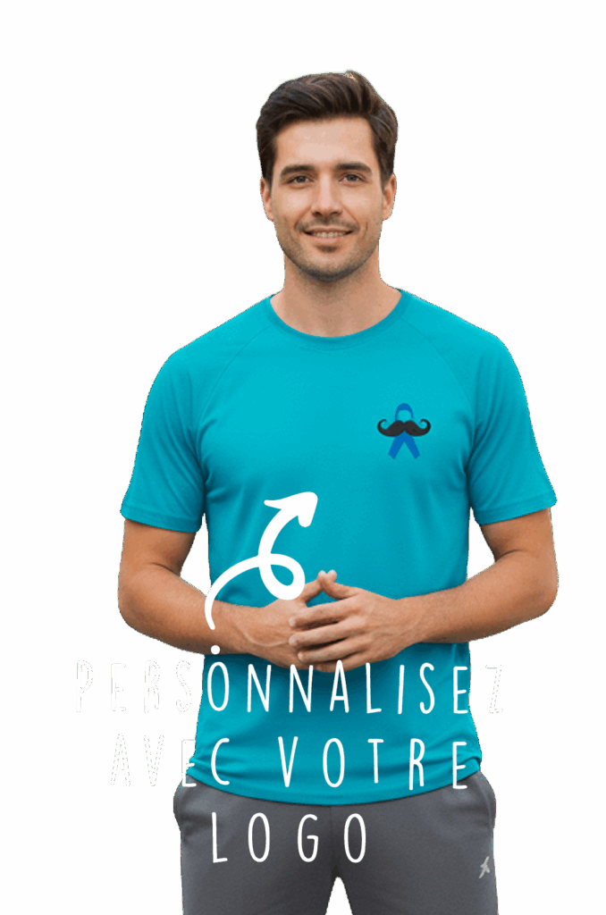 Homme portant un tee-shirt de sport bleu turquoise avec le ruban de Novembre Bleu et une moustache, symbole de la sensibilisation à la santé masculine. Le texte « Personnalisez avec votre logo » apparaît sur le visuel.