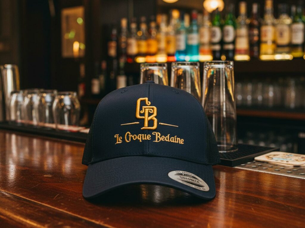 Casquette personnalisée en broderie 3D Le Croque Bedaine posée sur le comptoir du bar à Saint-Bonnet-de-Mure, Rhône-Alpes.
