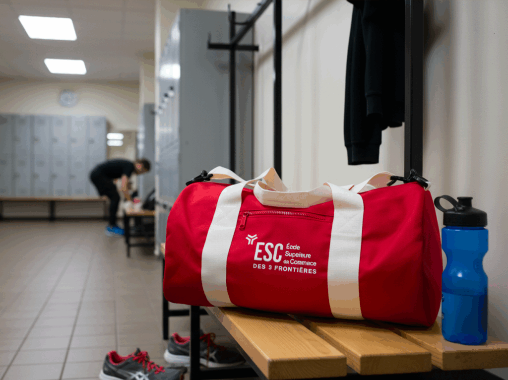 Sac polochon rouge brodé avec le logo ESC – personnalisation textile école