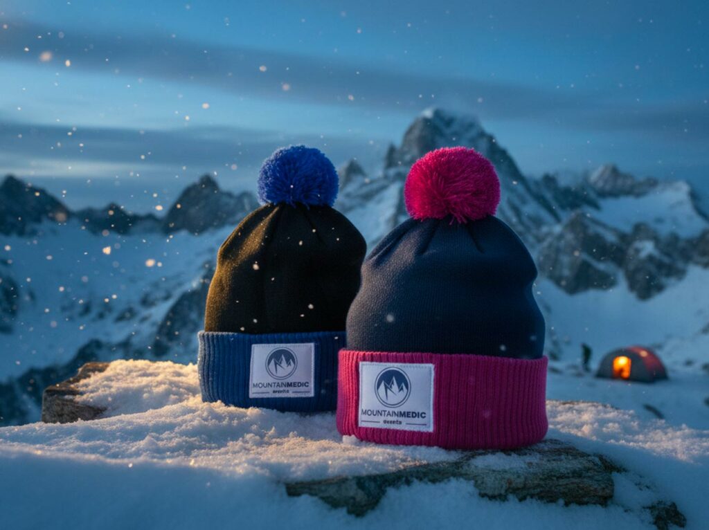 Deux bonnets MountainMedic posés dans la neige en montagne, avec pompon coloré et écusson brodé.