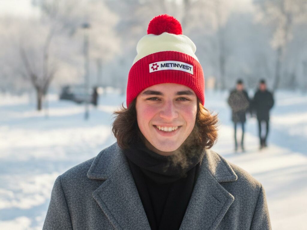 Personne portant un bonnet METINVEST blanc et rouge avec écusson brodé, en extérieur dans un paysage enneigé.