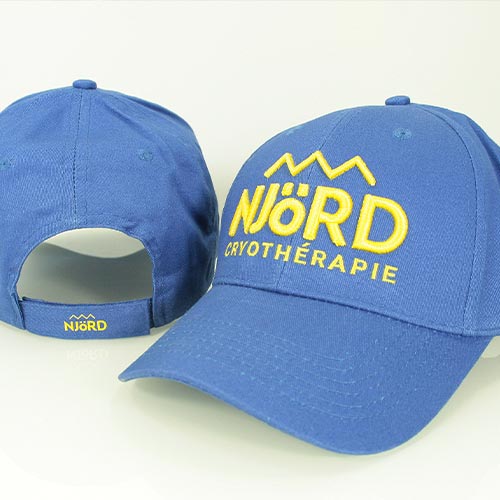 Casquette bleue personnalisée Njord Cryothérapie, vue avant et arrière.