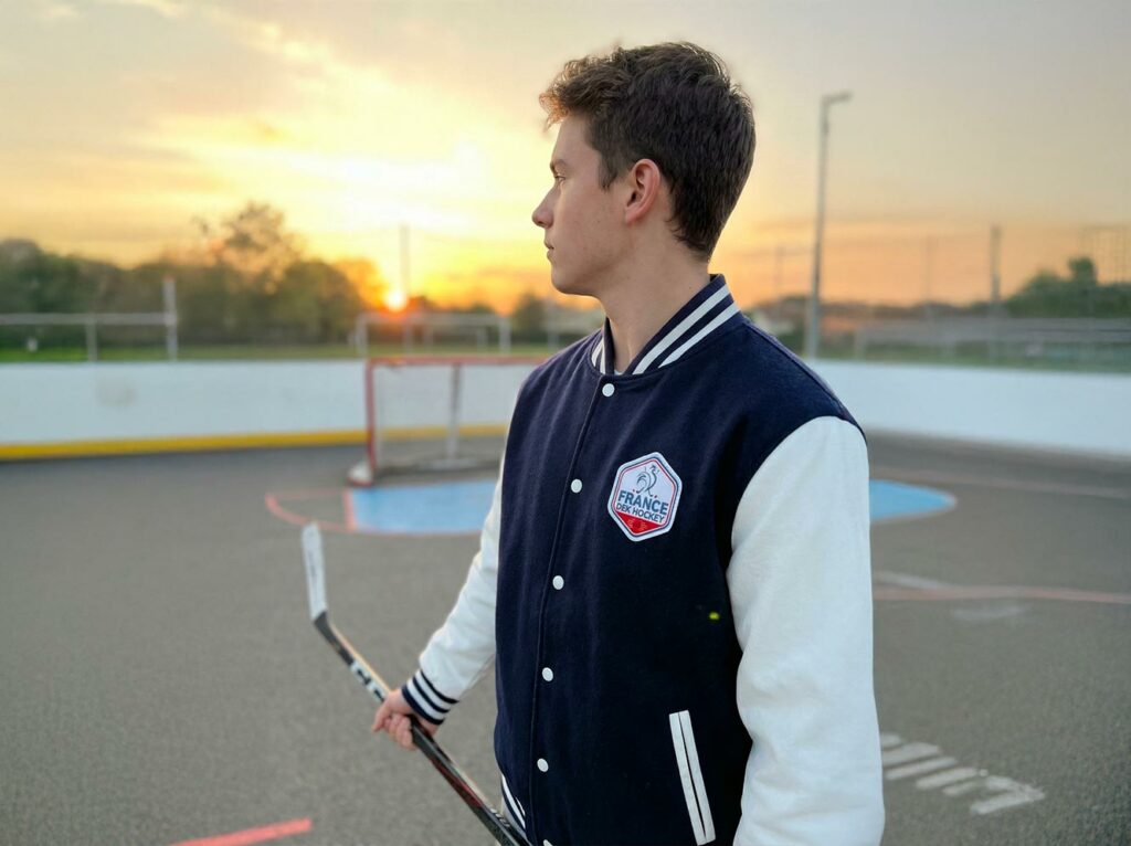 Veste varsity DEK Hockey portée sur un terrain de hockey extérieur au coucher du soleil.