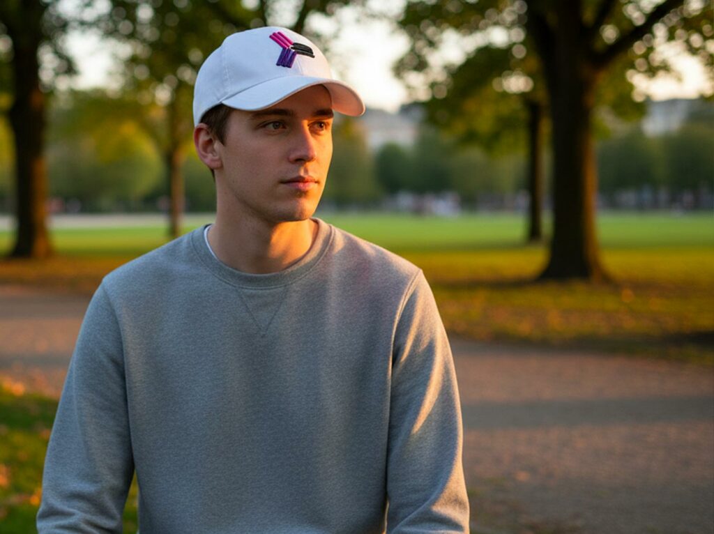 Jeune homme portant une casquette Envol du Net blanche dans un parc