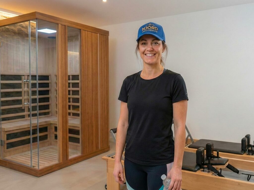 Casquette personnalisée bleue avec logo, portée par un modèle en situation.