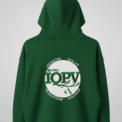 Vue de dos d'une veste sweat à capuche vert sapin avec logo blanc IQPV Master centré.