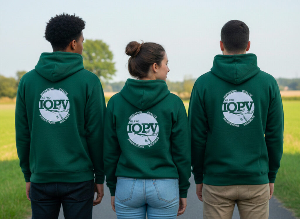 Groupe de trois personnes de dos portant des vestes sweats à capuche vert sapin avec le logo IQPV blanc.