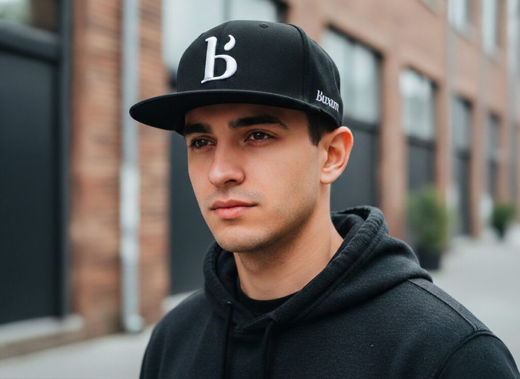 eune homme de trois-quart portant une casquette snapback noire avec une broderie 3D blanche "B" et un marquage latéral "Buxum".