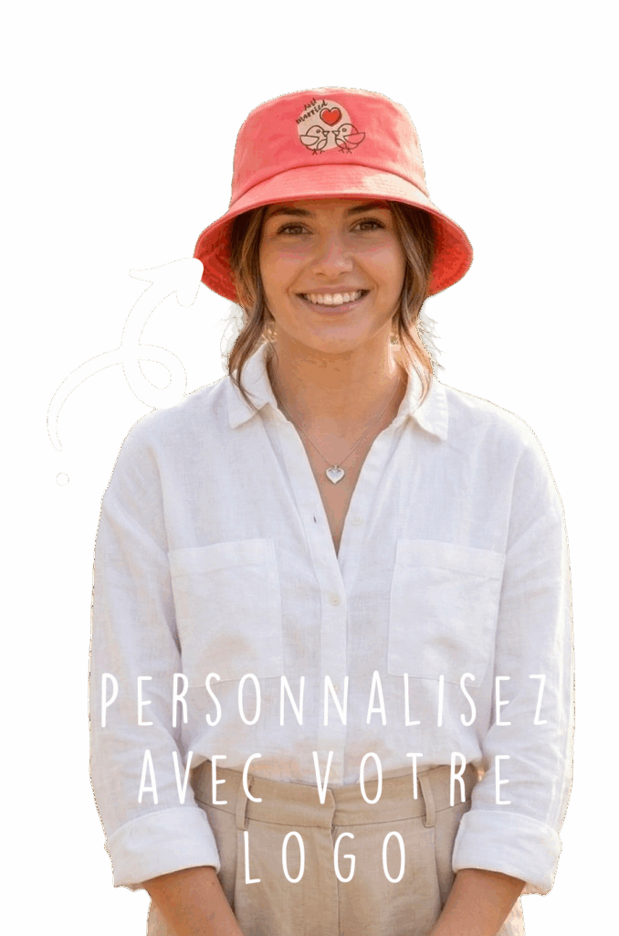 Photographie de face d'une femme souriante portant un bob corail personnalisé avec un logo de mariés "Just Married"