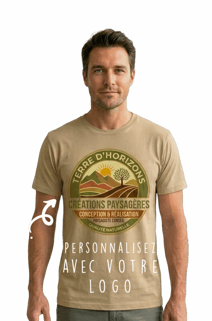 Homme portant un tee-shirt personnalisé beige avec logo de paysagiste "Terre d'Horizons", textile publicitaire.