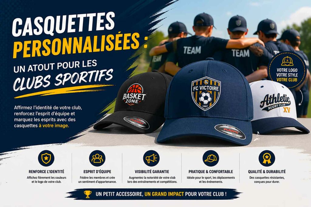 Casquettes personnalisées aux couleurs d’un club sportif avec logo et nom d’équipe