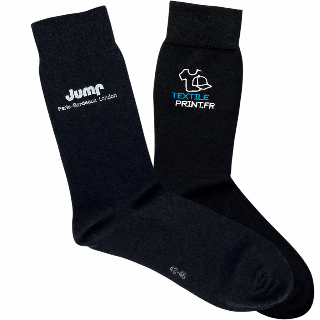 Paire de chaussettes noires personnalisées avec logo blanc "Jump" et "Textile Print"