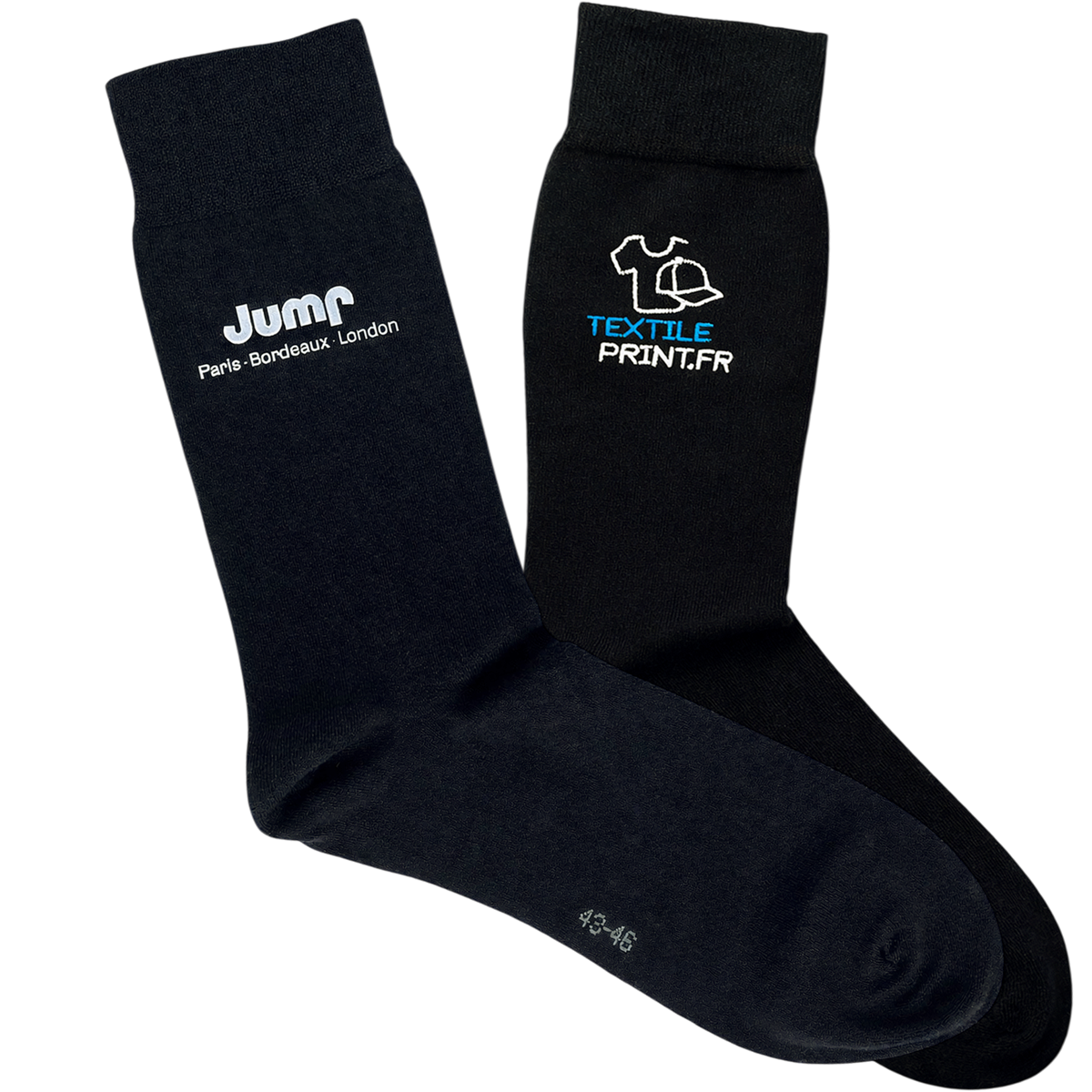 Paire de chaussettes noires personnalisées avec logo blanc "Jump" et "Textile Print"